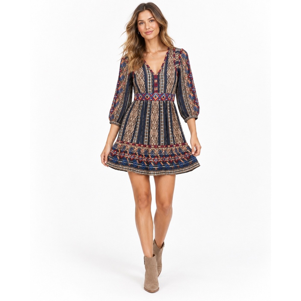 Anthropologie Embroidered Boho Mini Dress Navy Blue Geometric XSP 2179